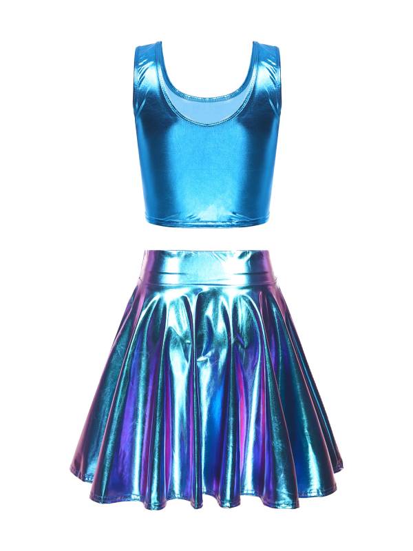 Women 3pcs Metallic Crop Top and Pleated A-line Skirt with Headband Dance Set thumb