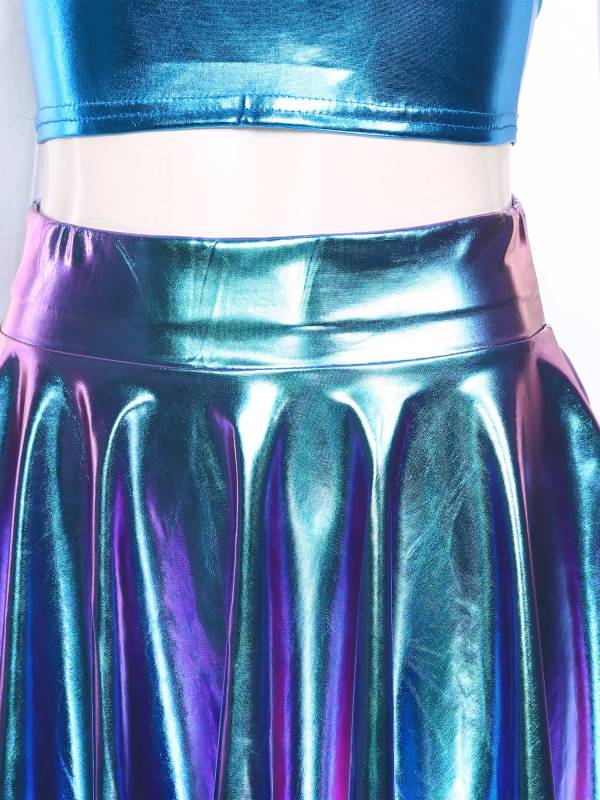 Women 3pcs Metallic Crop Top and Pleated A-line Skirt with Headband Dance Set thumb