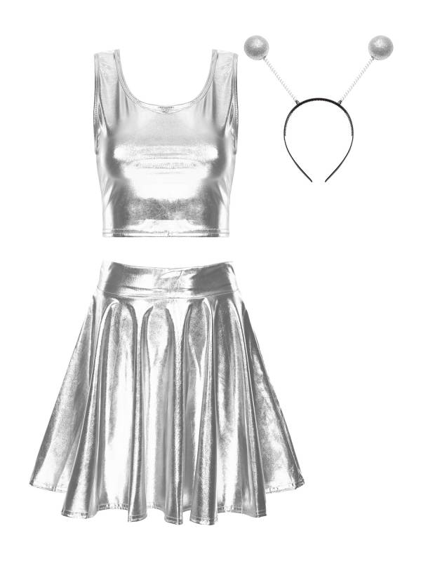 Women 3pcs Metallic Crop Top and Pleated A-line Skirt with Headband Dance Set thumb