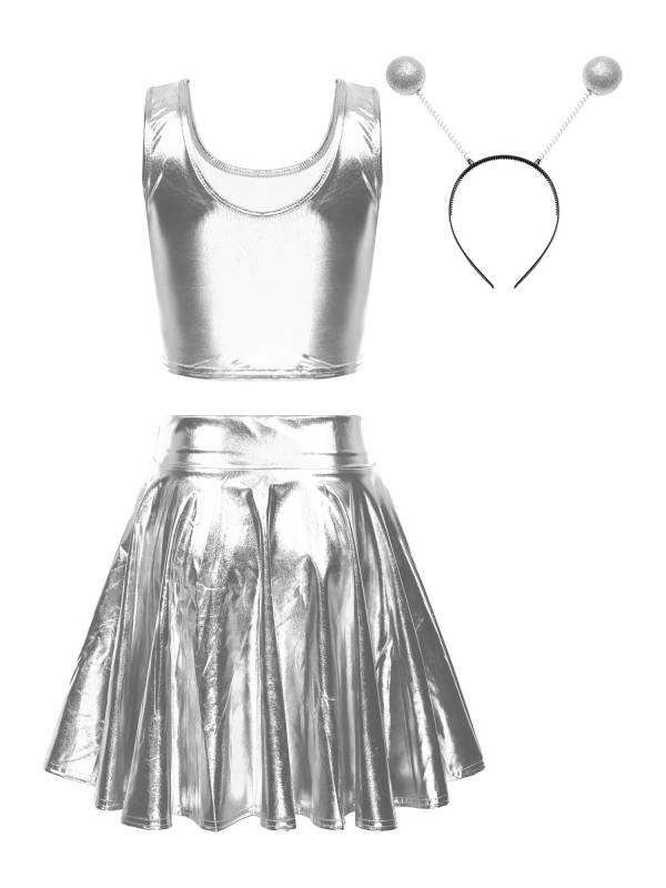 Women 3pcs Metallic Crop Top and Pleated A-line Skirt with Headband Dance Set thumb