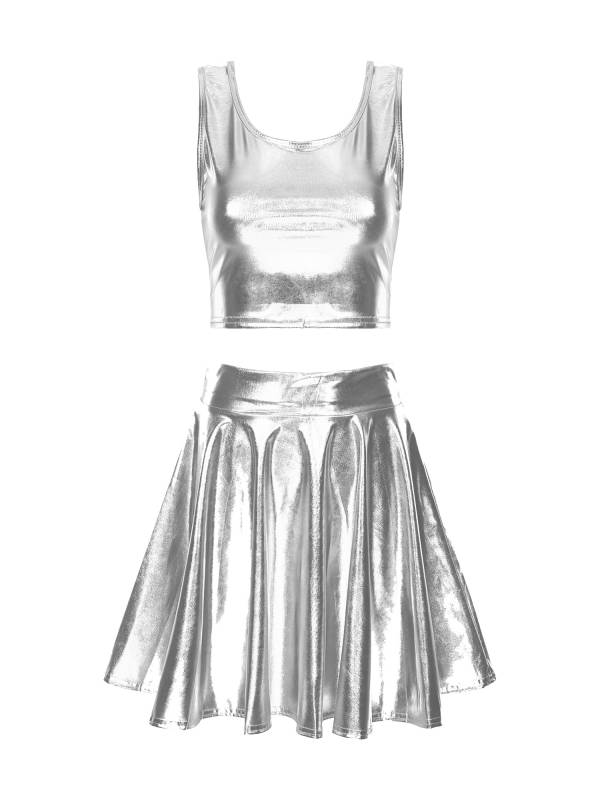 Women 3pcs Metallic Crop Top and Pleated A-line Skirt with Headband Dance Set thumb