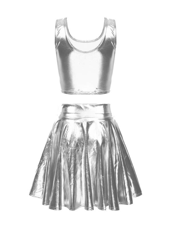 Women 3pcs Metallic Crop Top and Pleated A-line Skirt with Headband Dance Set thumb