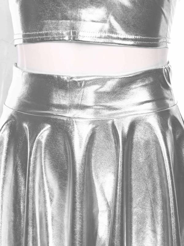 Women 3pcs Metallic Crop Top and Pleated A-line Skirt with Headband Dance Set thumb
