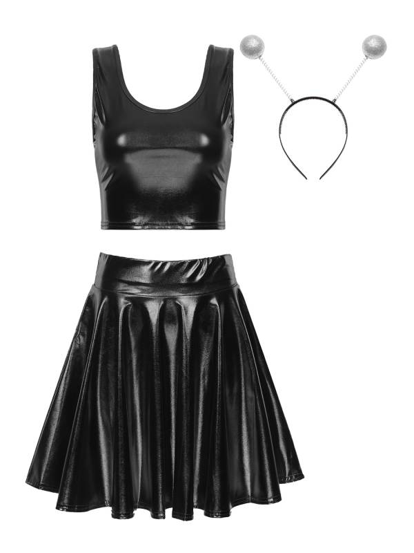 Women 3pcs Metallic Crop Top and Pleated A-line Skirt with Headband Dance Set thumb