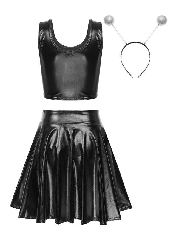 Women 3pcs Metallic Crop Top and Pleated A-line Skirt with Headband Dance Set thumb