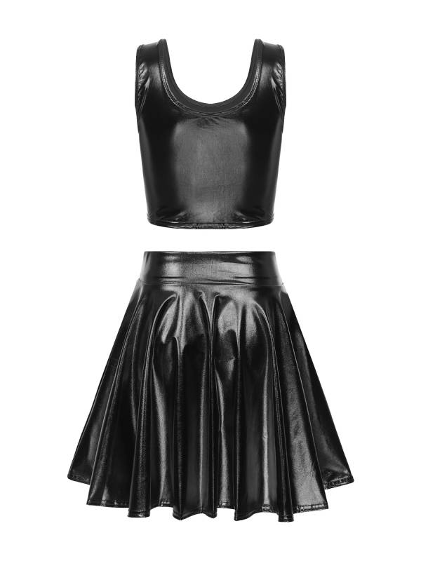 Women 3pcs Metallic Crop Top and Pleated A-line Skirt with Headband Dance Set thumb