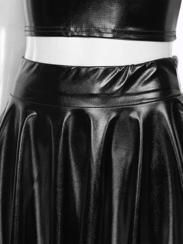 Women 3pcs Metallic Crop Top and Pleated A-line Skirt with Headband Dance Set thumb
