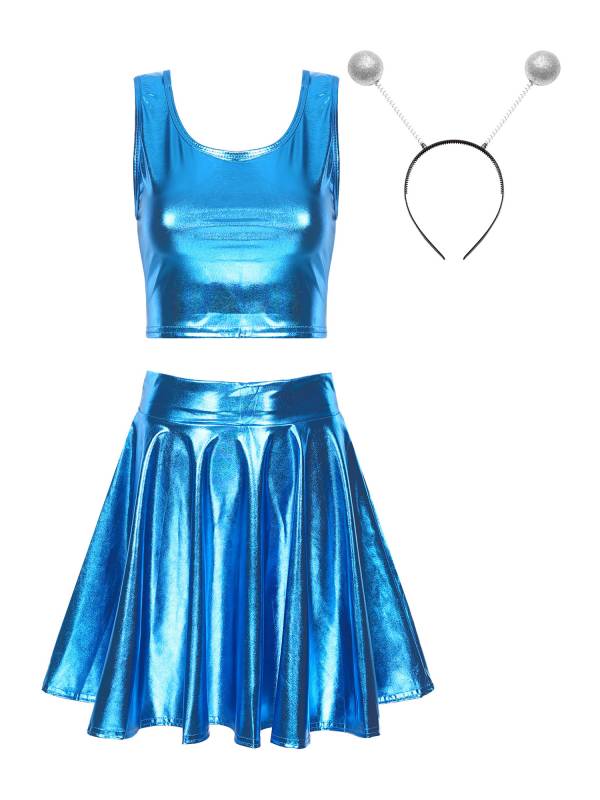 Women 3pcs Metallic Crop Top and Pleated A-line Skirt with Headband Dance Set thumb