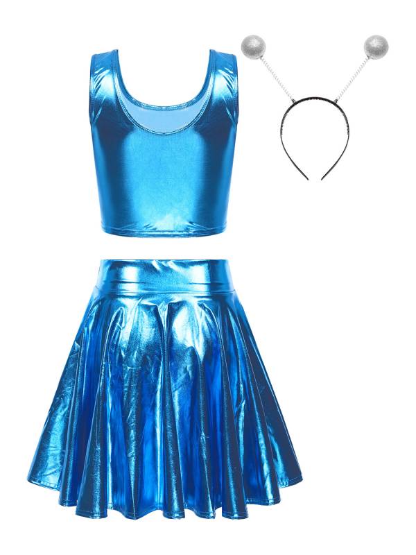 Women 3pcs Metallic Crop Top and Pleated A-line Skirt with Headband Dance Set thumb