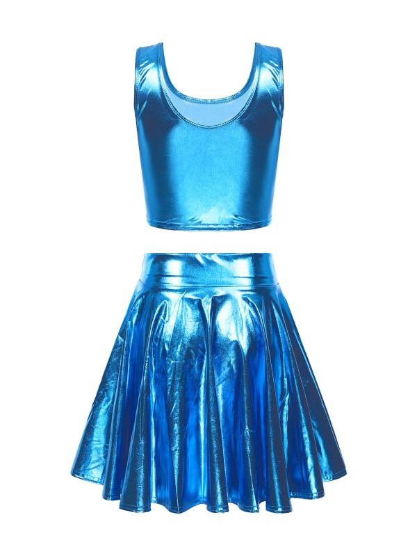 Women 3pcs Metallic Crop Top and Pleated A-line Skirt with Headband Dance Set thumb