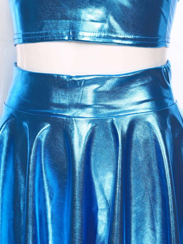 Women 3pcs Metallic Crop Top and Pleated A-line Skirt with Headband Dance Set thumb