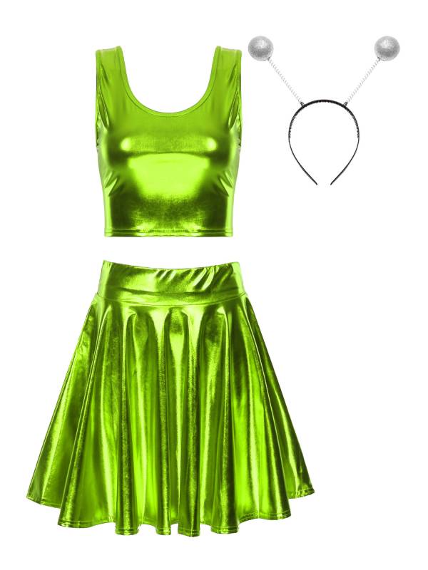 Women 3pcs Metallic Crop Top and Pleated A-line Skirt with Headband Dance Set thumb