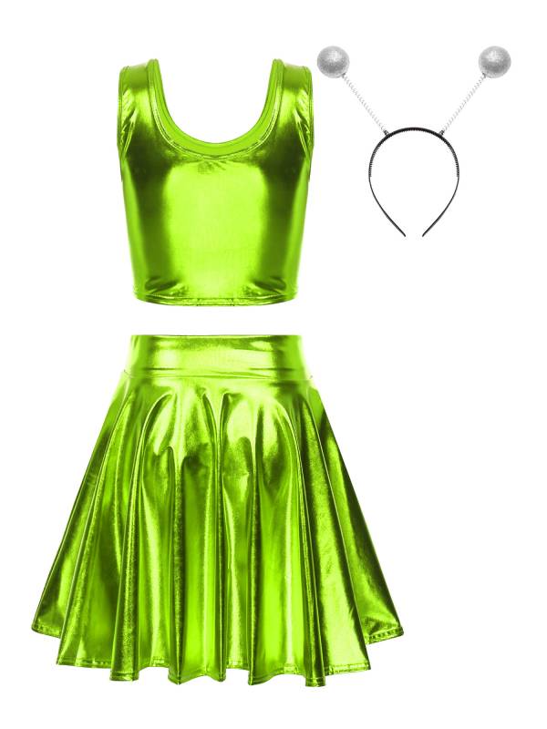 Women 3pcs Metallic Crop Top and Pleated A-line Skirt with Headband Dance Set thumb