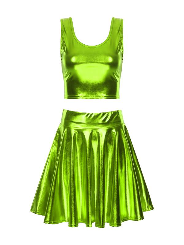 Women 3pcs Metallic Crop Top and Pleated A-line Skirt with Headband Dance Set thumb