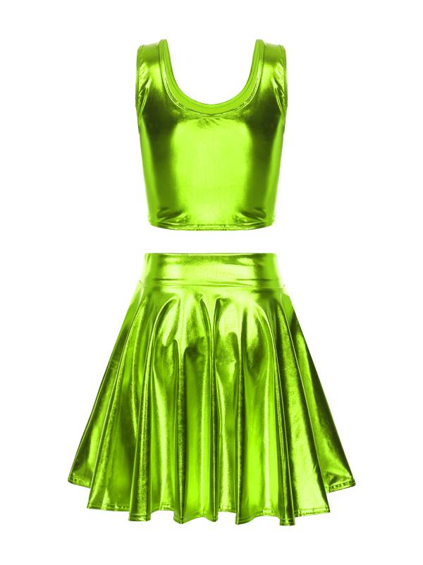Women 3pcs Metallic Crop Top and Pleated A-line Skirt with Headband Dance Set thumb