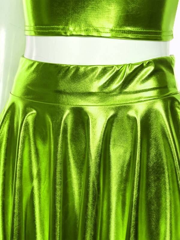 Women 3pcs Metallic Crop Top and Pleated A-line Skirt with Headband Dance Set thumb