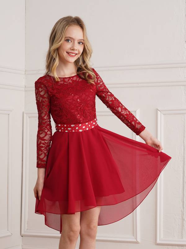 Kids Girls Lace and Chiffon Splicing Long Sleeves Prom Dress thumb