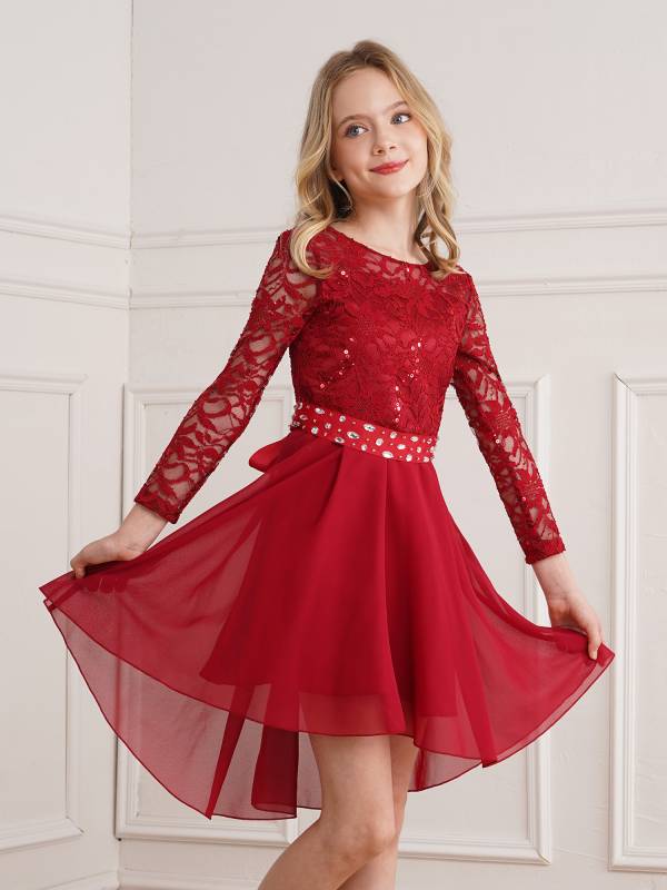 Kids Girls Lace and Chiffon Splicing Long Sleeves Prom Dress thumb