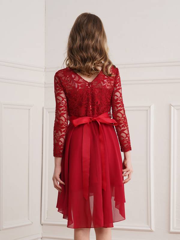 Kids Girls Lace and Chiffon Splicing Long Sleeves Prom Dress thumb