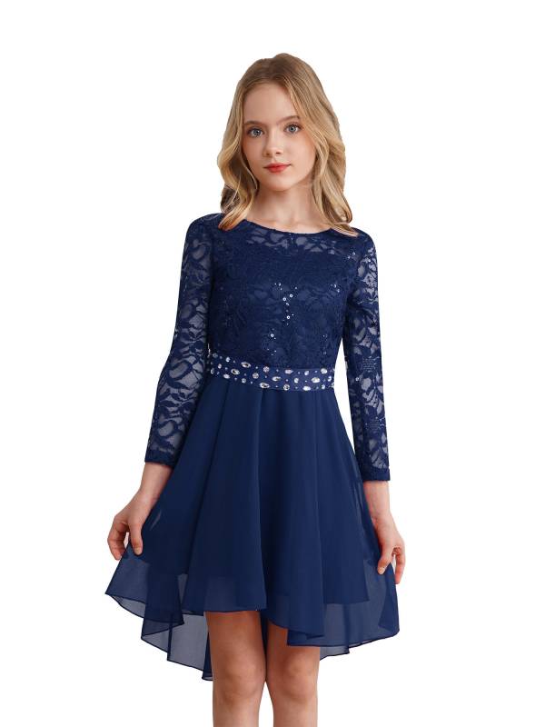 Kids Girls Lace and Chiffon Splicing Long Sleeves Prom Dress thumb