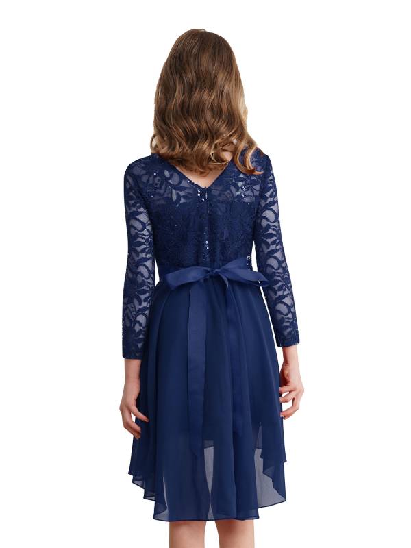 Kids Girls Lace and Chiffon Splicing Long Sleeves Prom Dress thumb