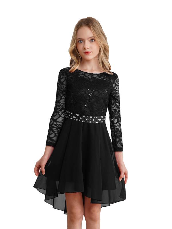 Kids Girls Lace and Chiffon Splicing Long Sleeves Prom Dress thumb