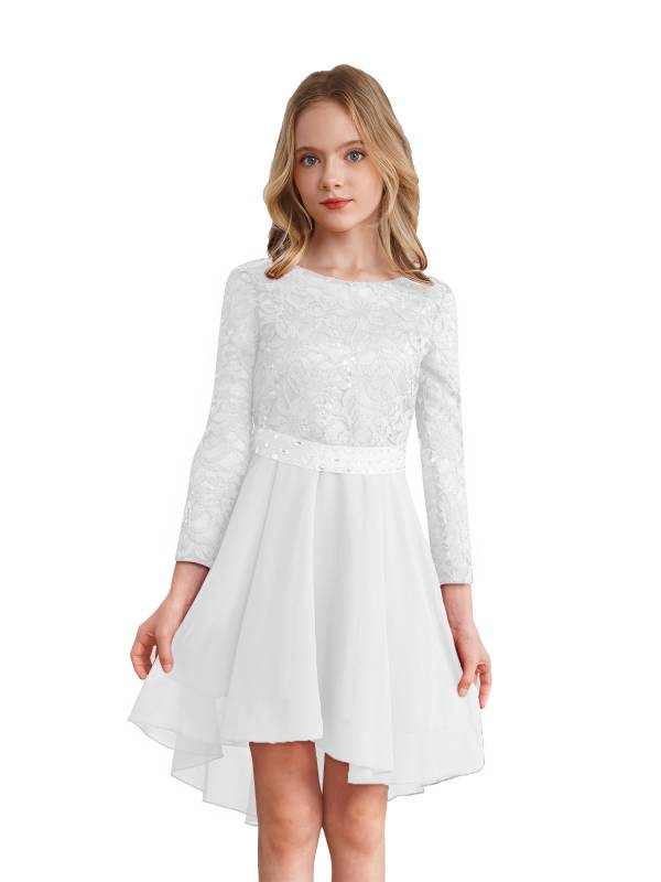Kids Girls Lace and Chiffon Splicing Long Sleeves Prom Dress thumb