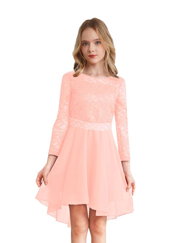 Kids Girls Lace and Chiffon Splicing Long Sleeves Prom Dress thumb