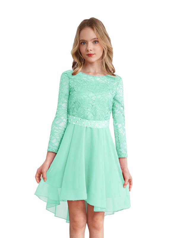 Kids Girls Lace and Chiffon Splicing Long Sleeves Prom Dress thumb