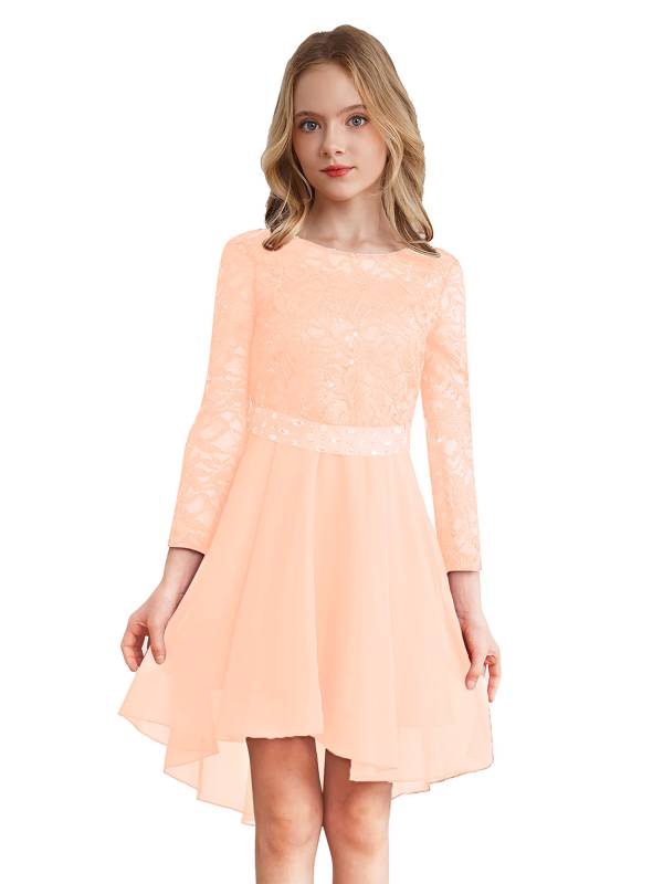 Kids Girls Lace and Chiffon Splicing Long Sleeves Prom Dress thumb