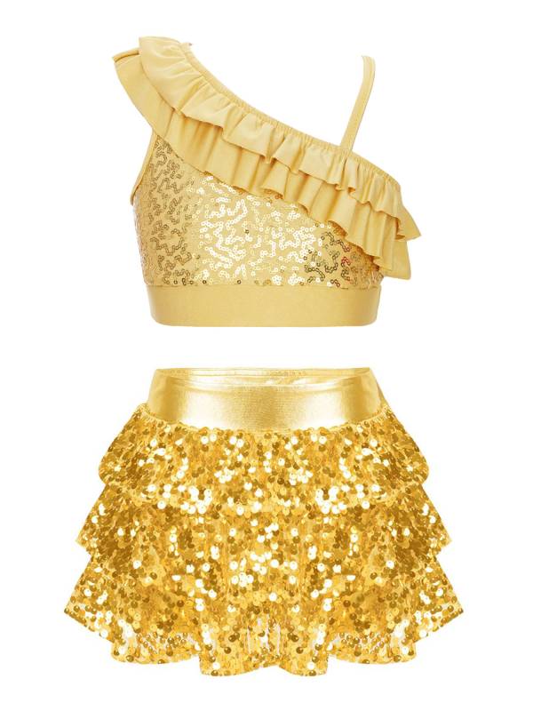 Kids Girls 2pcs Sequin Crop Top and Culottes Jazz Dance Set thumb