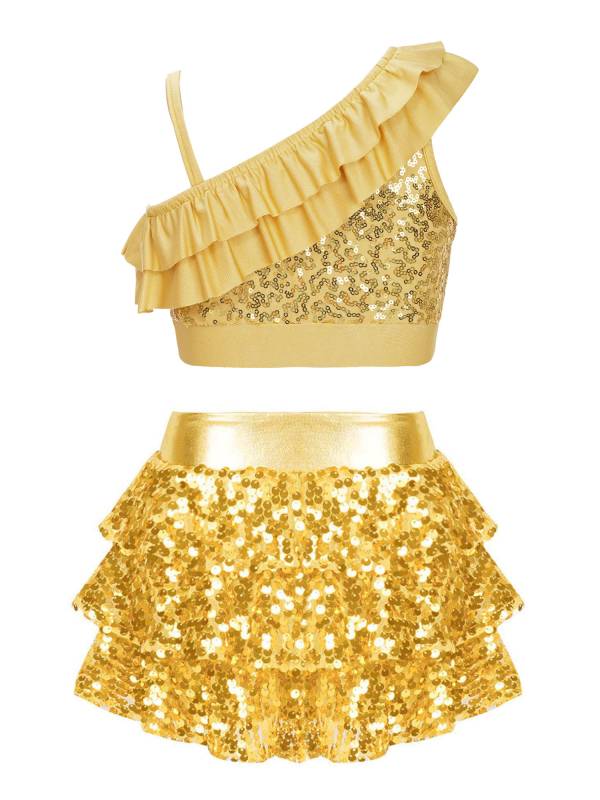 Kids Girls 2pcs Sequin Crop Top and Culottes Jazz Dance Set thumb