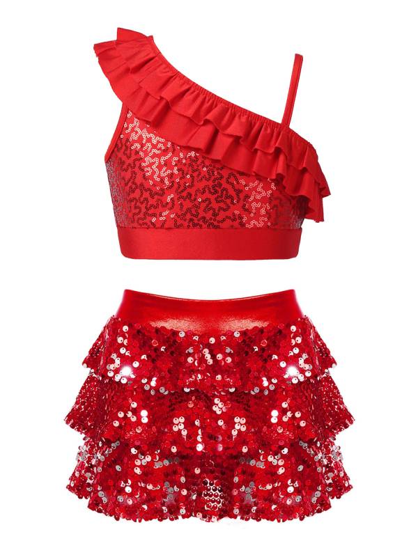 Kids Girls 2pcs Sequin Crop Top and Culottes Jazz Dance Set thumb