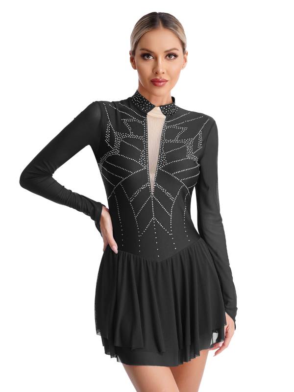 Women Shiny Rhinestones Long Sleeve Figure Skating Dress thumb