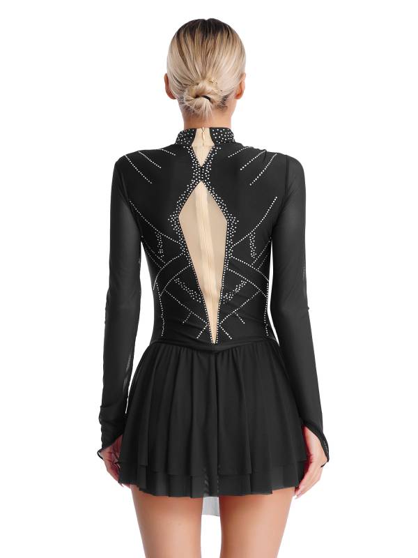 Women Shiny Rhinestones Long Sleeve Figure Skating Dress thumb