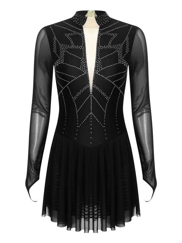 Women Shiny Rhinestones Long Sleeve Figure Skating Dress thumb