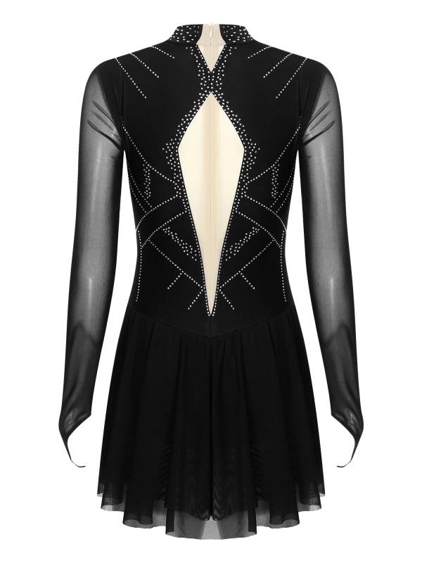 Women Shiny Rhinestones Long Sleeve Figure Skating Dress thumb