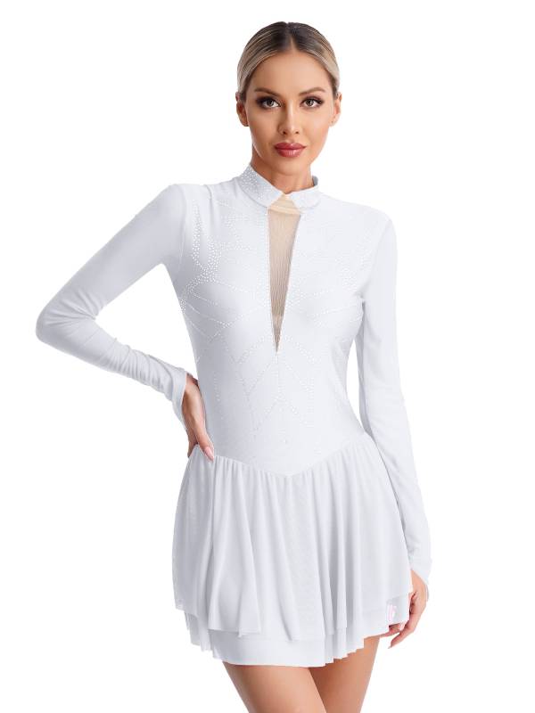 Women Shiny Rhinestones Long Sleeve Figure Skating Dress thumb