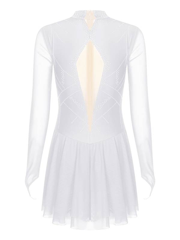 Women Shiny Rhinestones Long Sleeve Figure Skating Dress thumb