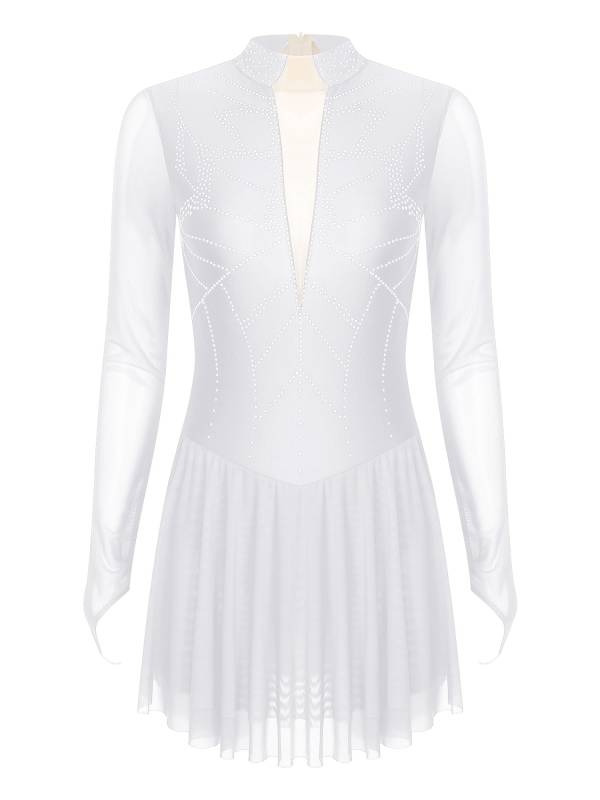 Women Shiny Rhinestones Long Sleeve Figure Skating Dress thumb