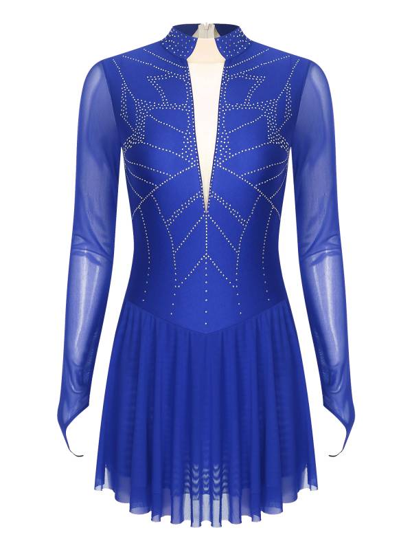 Women Shiny Rhinestones Long Sleeve Figure Skating Dress thumb