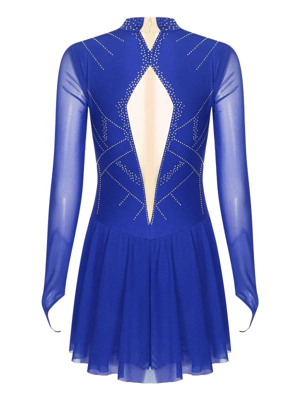 Women Shiny Rhinestones Long Sleeve Figure Skating Dress thumb