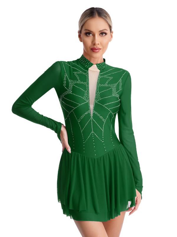 Women Shiny Rhinestones Long Sleeve Figure Skating Dress thumb