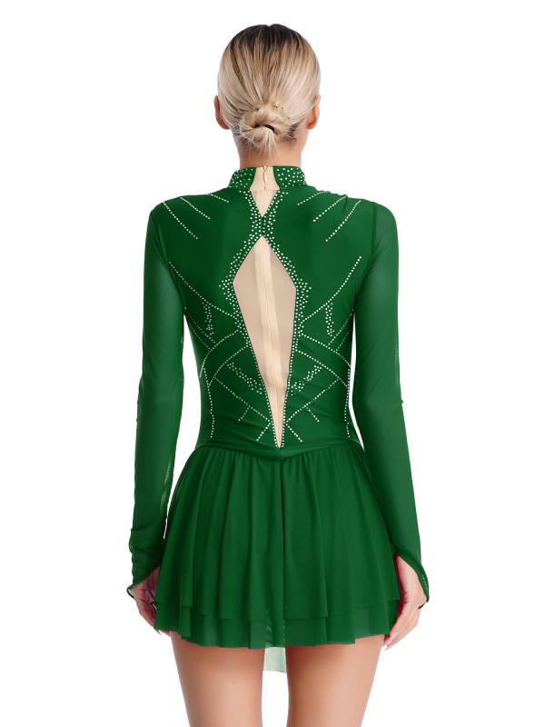 Women Shiny Rhinestones Long Sleeve Figure Skating Dress thumb