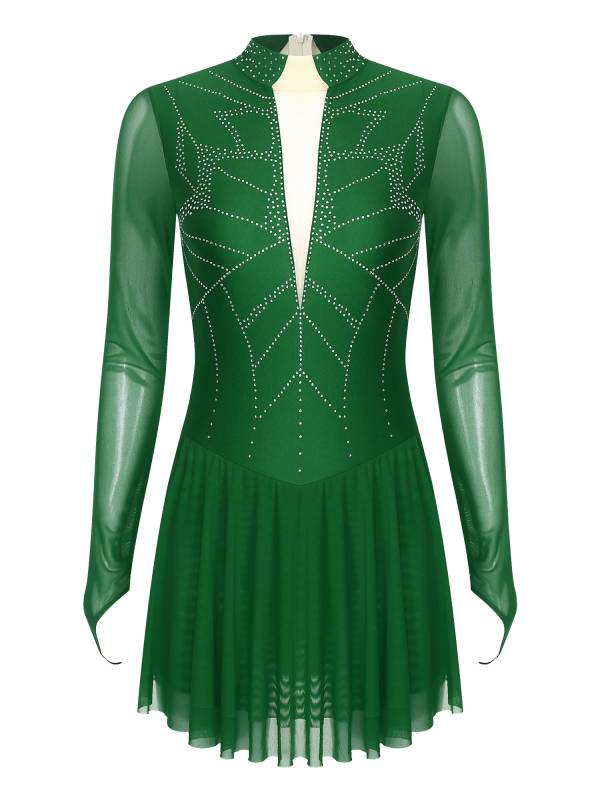 Women Shiny Rhinestones Long Sleeve Figure Skating Dress thumb
