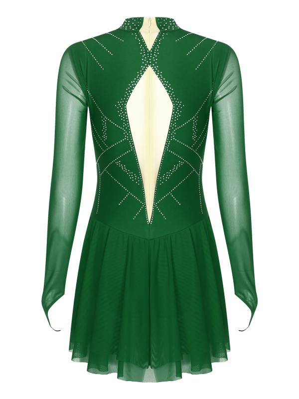 Women Shiny Rhinestones Long Sleeve Figure Skating Dress thumb