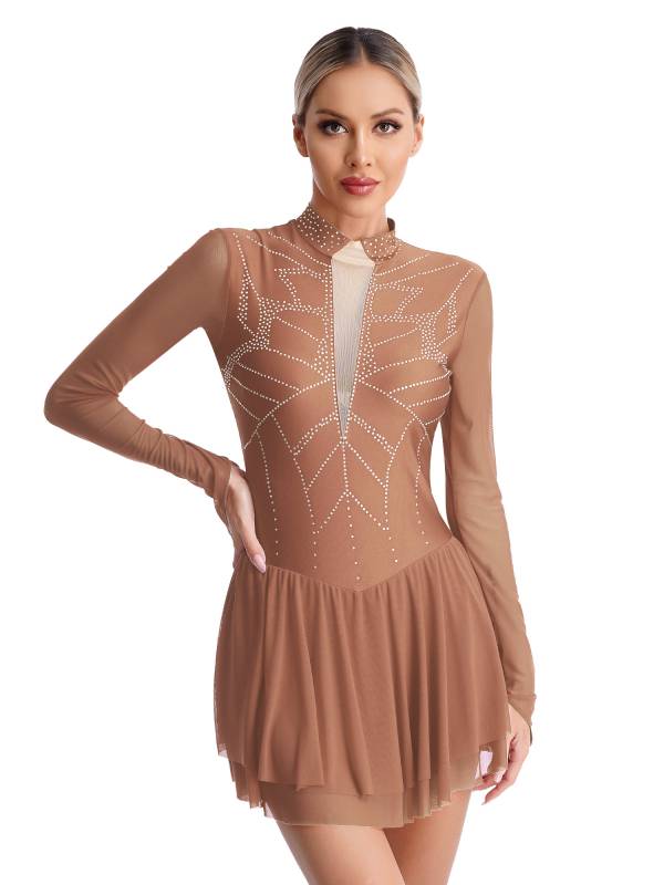 Women Shiny Rhinestones Long Sleeve Figure Skating Dress thumb