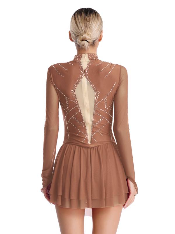 Women Shiny Rhinestones Long Sleeve Figure Skating Dress thumb