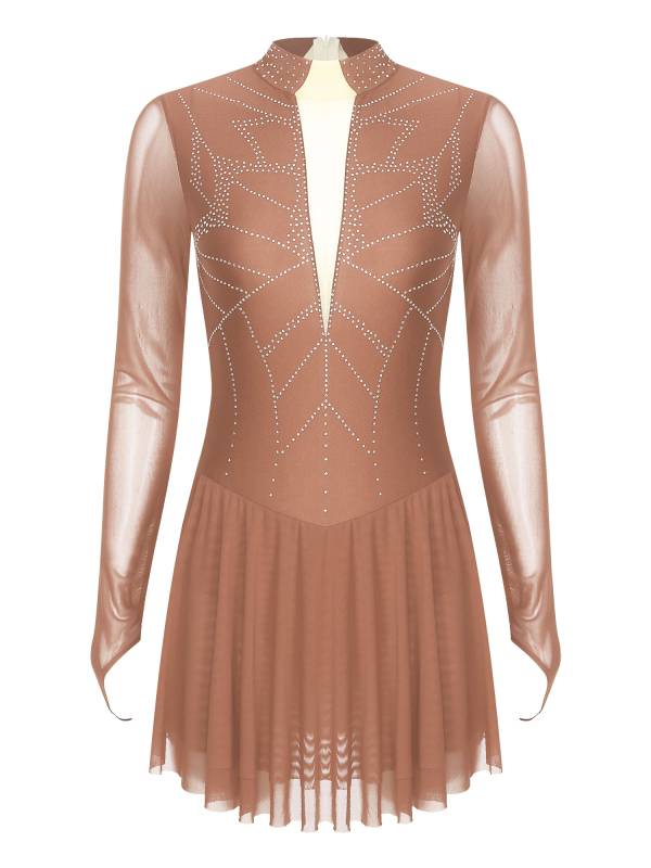 Women Shiny Rhinestones Long Sleeve Figure Skating Dress thumb