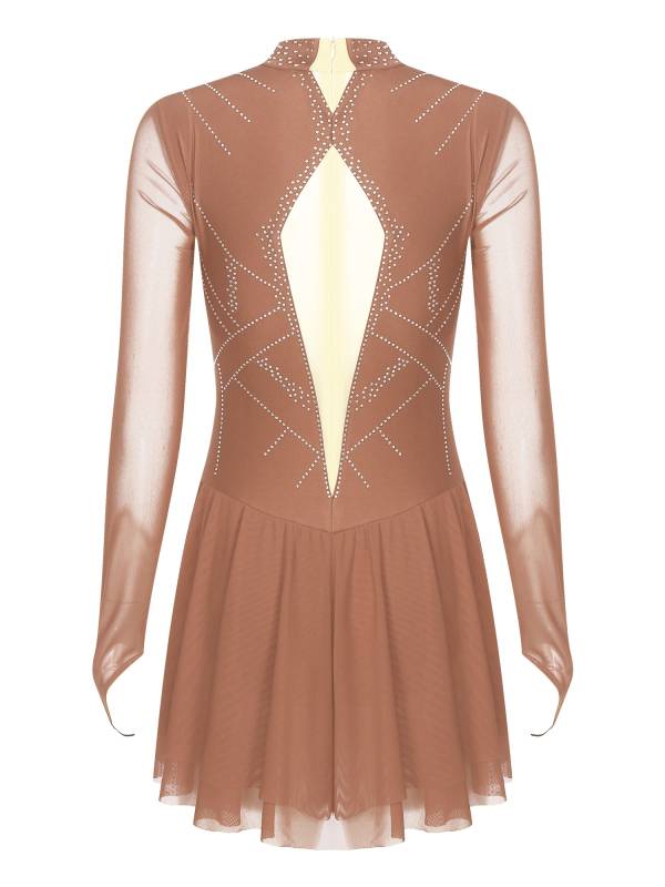 Women Shiny Rhinestones Long Sleeve Figure Skating Dress thumb